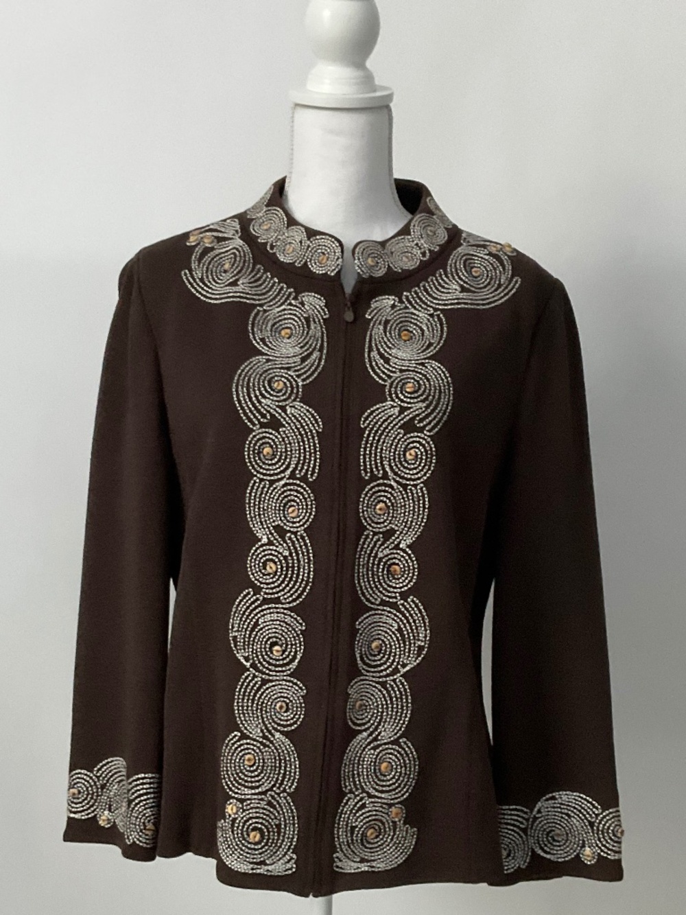 St. John Collection Embroidered Zip Front Jacket Blazer – Brown, Size 14